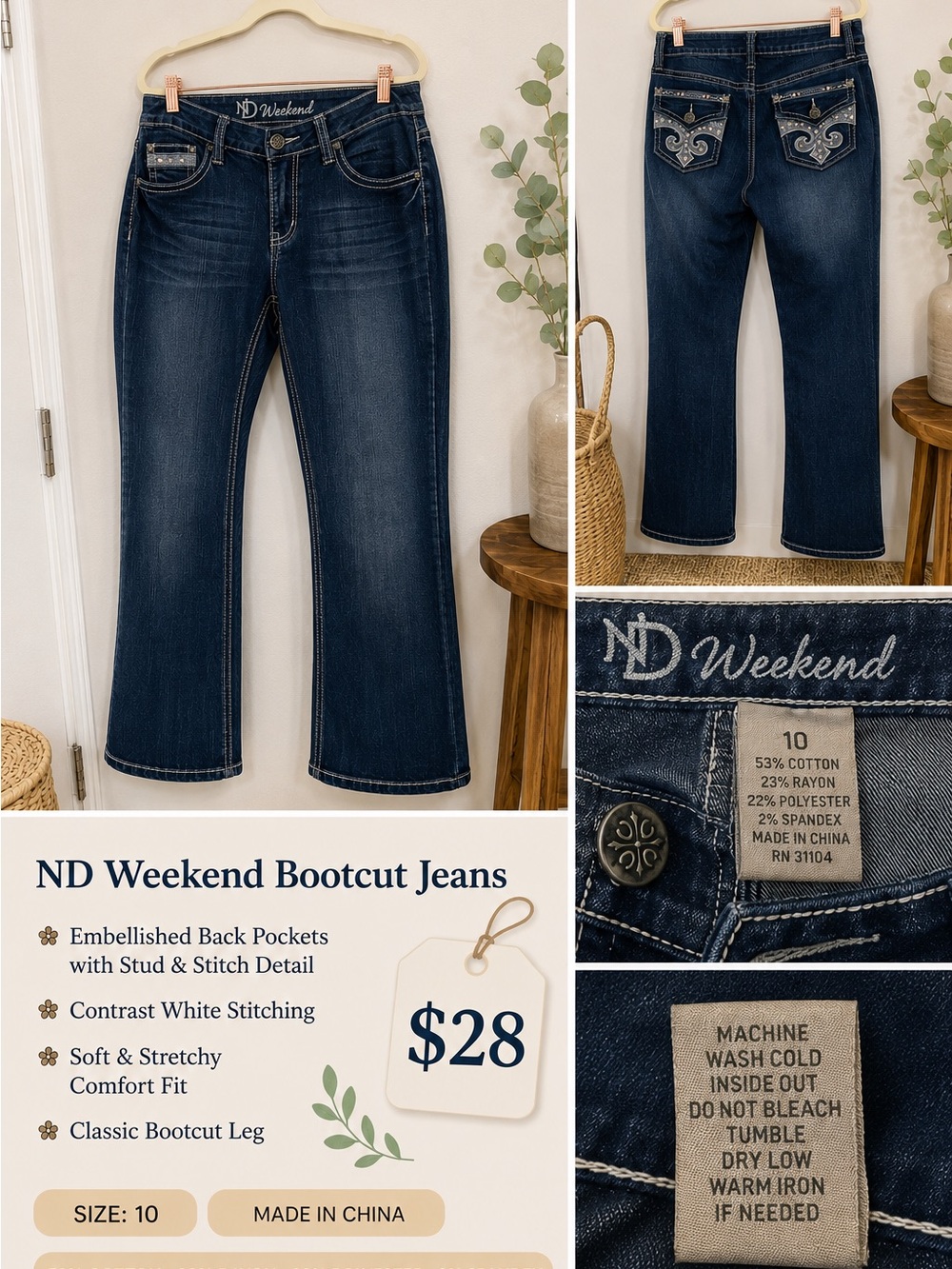 ND Weekend Dark Blue Bootcut Jeans with Embellished Pockets Size 10